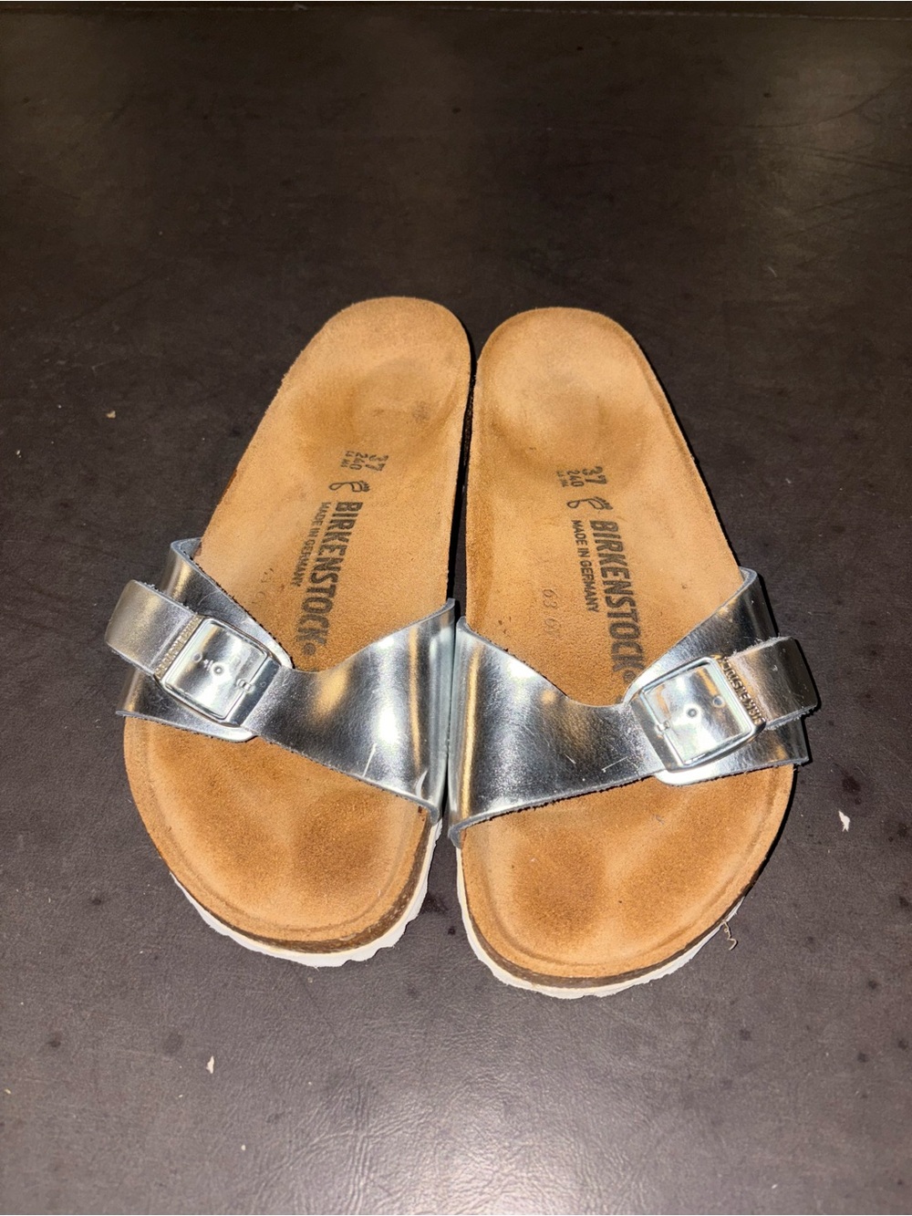 Birkenstock Womens EU37 Madrid Silver Leather Slip On Slide Small Buckle Sandals